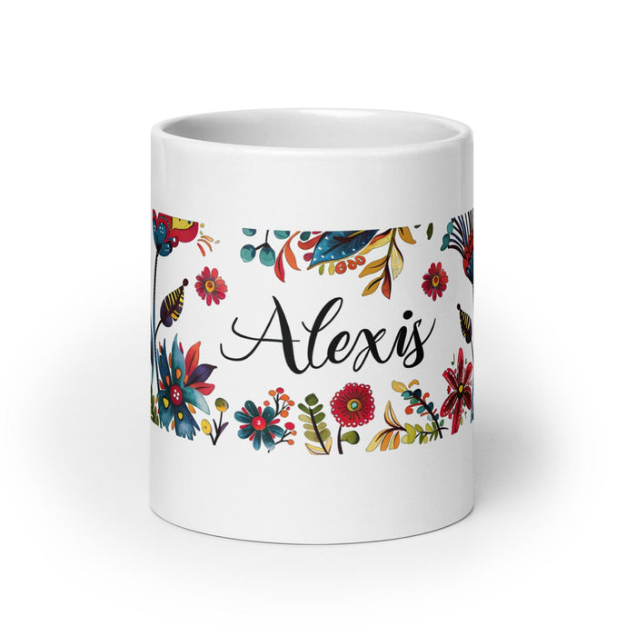 Alexis Exclusive Name Art Piece Home Office Work Coffee Mug Mexican Spanish Pride Gift Cup One-Of-A-Kind Calligraphy White Glossy Mug | A1 Mexicada