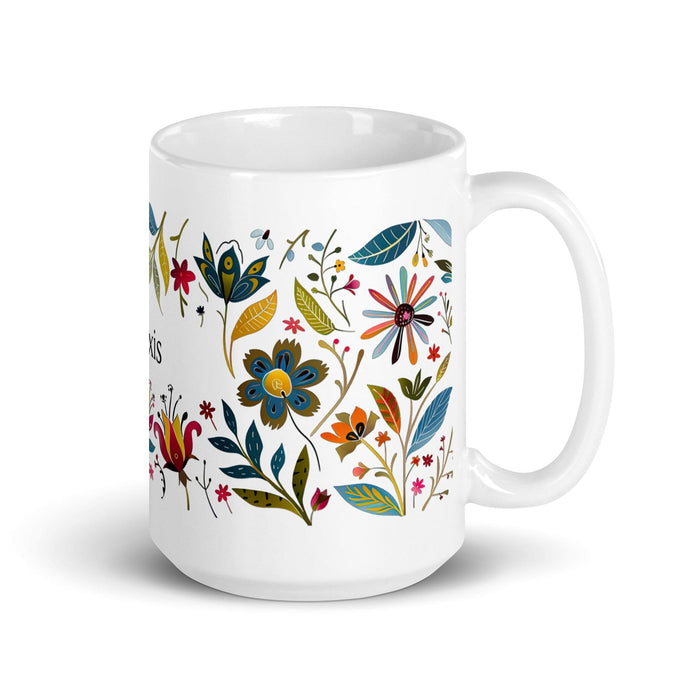 Alexis Exclusive Name Art Piece Home Office Work Coffee Mug Mexican Spanish Pride Gift Cup One-Of-A-Kind Calligraphy White Glossy Mug | A2 Mexicada 15 oz