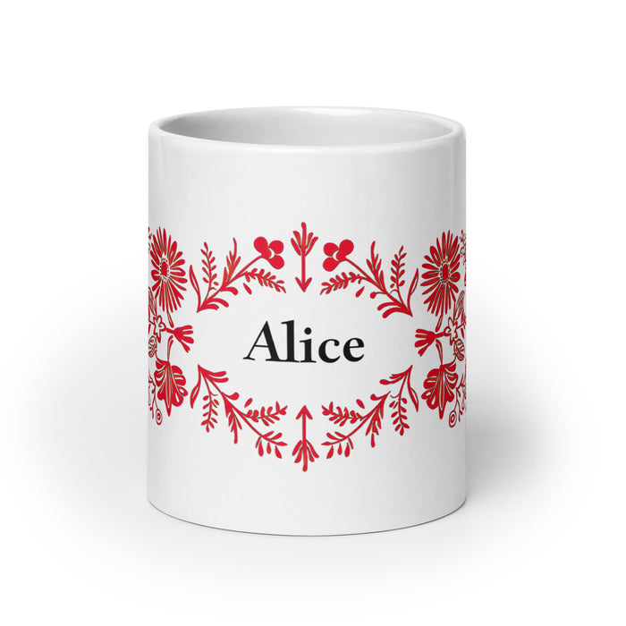 Alice Exclusive Name Art Piece Home Office Work Coffee Mug Mexican Spanish Pride Gift Cup One - Of - A - Kind Calligraphy White Glossy Mug | A1 - Mexicada