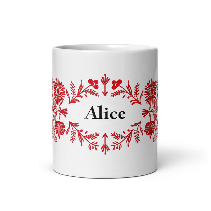 Alice Exclusive Name Art Piece Home Office Work Coffee Mug Mexican Spanish Pride Gift Cup One-Of-A-Kind Calligraphy White Glossy Mug | A1 Mexicada