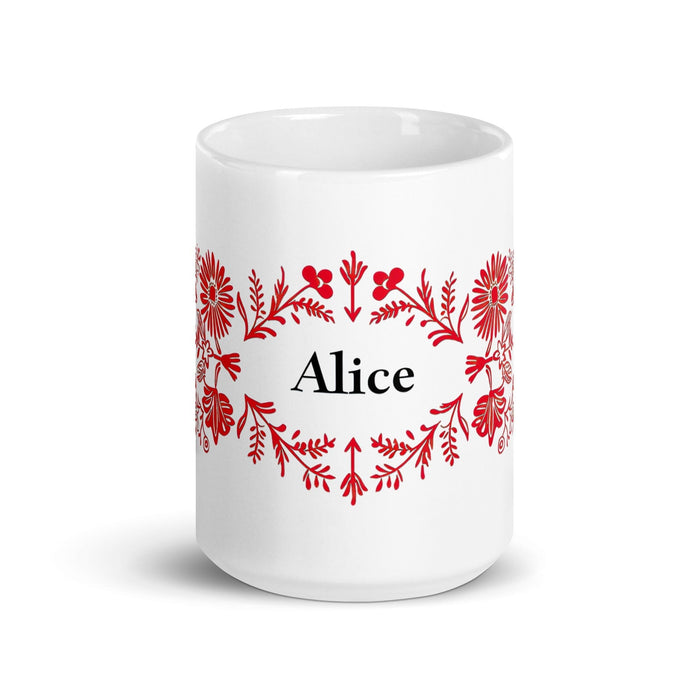 Alice Exclusive Name Art Piece Home Office Work Coffee Mug Mexican Spanish Pride Gift Cup One-Of-A-Kind Calligraphy White Glossy Mug | A1 Mexicada