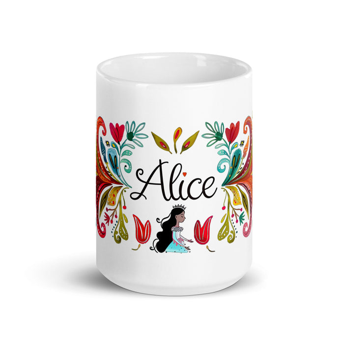 Alice Exclusive Name Art Piece Home Office Work Coffee Mug Mexican Spanish Pride Gift Cup One - Of - A - Kind Calligraphy White Glossy Mug | A2 - Mexicada