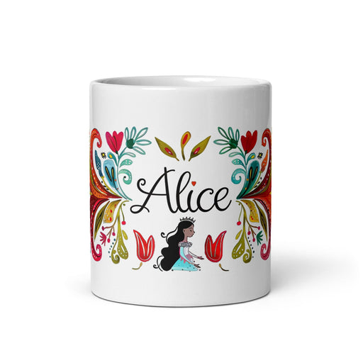 Alice Exclusive Name Art Piece Home Office Work Coffee Mug Mexican Spanish Pride Gift Cup One-Of-A-Kind Calligraphy White Glossy Mug | A2 Mexicada