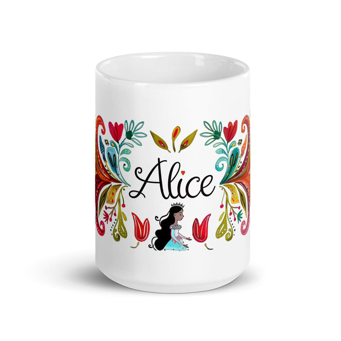 Alice Exclusive Name Art Piece Home Office Work Coffee Mug Mexican Spanish Pride Gift Cup One-Of-A-Kind Calligraphy White Glossy Mug | A2 Mexicada