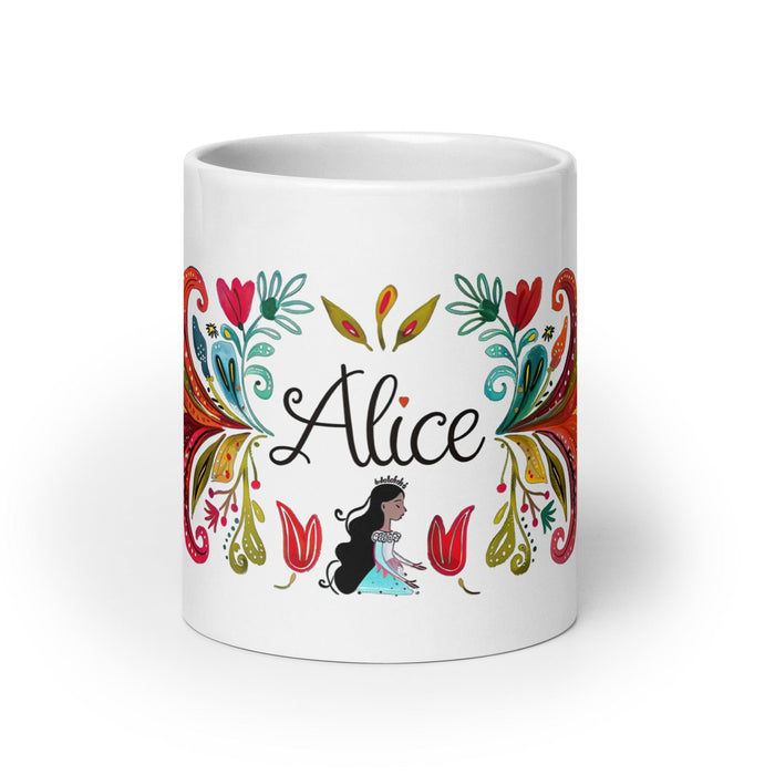 Alice Exclusive Name Art Piece Home Office Work Coffee Mug Mexican Spanish Pride Gift Cup One-Of-A-Kind Calligraphy White Glossy Mug | A2 Mexicada