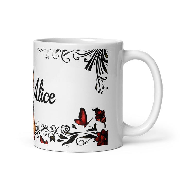 Alice Exclusive Name Art Piece Home Office Work Coffee Mug Mexican Spanish Pride Gift Cup One - Of - A - Kind Calligraphy White Glossy Mug | A4 - Mexicada