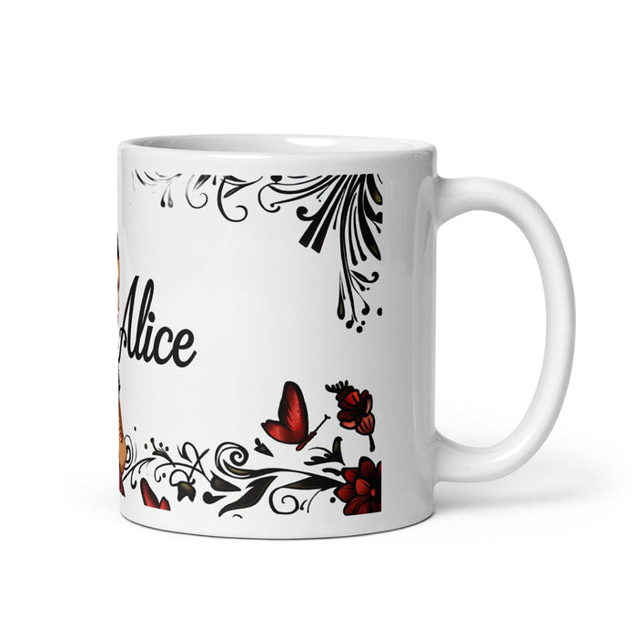 Alice Exclusive Name Art Piece Home Office Work Coffee Mug Mexican Spanish Pride Gift Cup One-Of-A-Kind Calligraphy White Glossy Mug | A4 Mexicada 11 oz