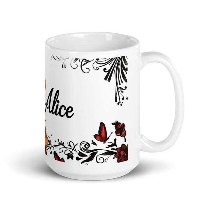 Alice Exclusive Name Art Piece Home Office Work Coffee Mug Mexican Spanish Pride Gift Cup One-Of-A-Kind Calligraphy White Glossy Mug | A4 Mexicada 15 oz