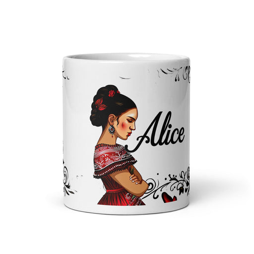 Alice Exclusive Name Art Piece Home Office Work Coffee Mug Mexican Spanish Pride Gift Cup One-Of-A-Kind Calligraphy White Glossy Mug | A4 Mexicada