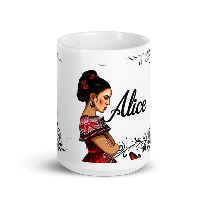 Alice Exclusive Name Art Piece Home Office Work Coffee Mug Mexican Spanish Pride Gift Cup One-Of-A-Kind Calligraphy White Glossy Mug | A4 Mexicada