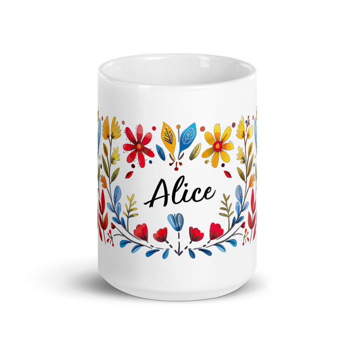 Alice Exclusive Name Art Piece Home Office Work Coffee Mug Mexican Spanish Pride Gift Cup One - Of - A - Kind Calligraphy White Glossy Mug | A5 - Mexicada