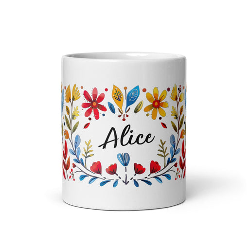 Alice Exclusive Name Art Piece Home Office Work Coffee Mug Mexican Spanish Pride Gift Cup One-Of-A-Kind Calligraphy White Glossy Mug | A5 Mexicada