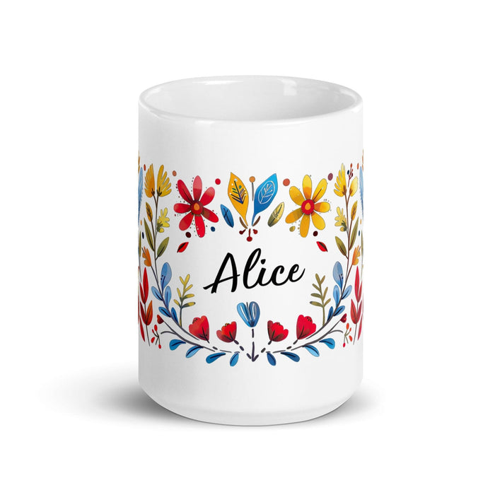 Alice Exclusive Name Art Piece Home Office Work Coffee Mug Mexican Spanish Pride Gift Cup One-Of-A-Kind Calligraphy White Glossy Mug | A5 Mexicada