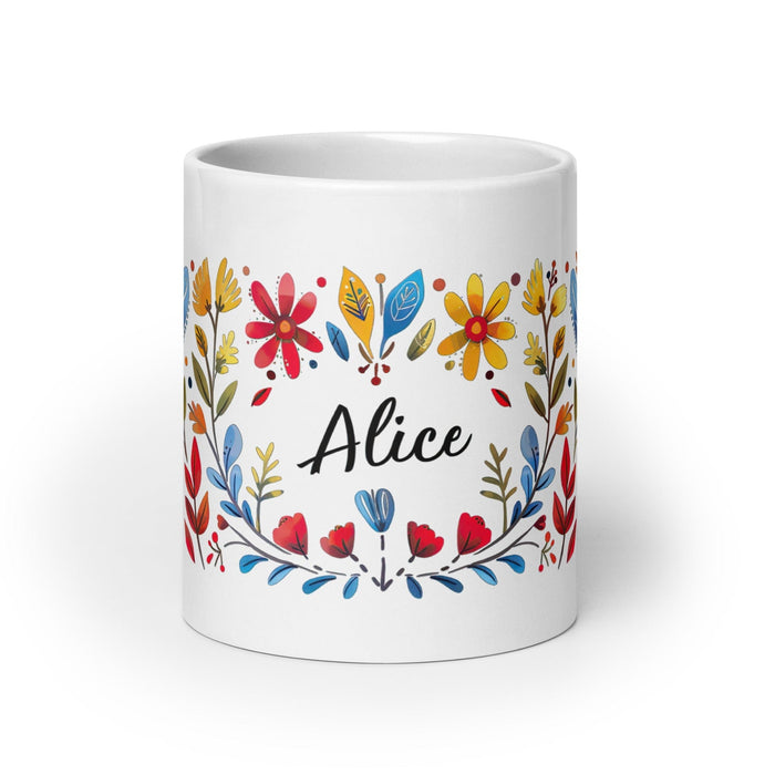 Alice Exclusive Name Art Piece Home Office Work Coffee Mug Mexican Spanish Pride Gift Cup One-Of-A-Kind Calligraphy White Glossy Mug | A5 Mexicada