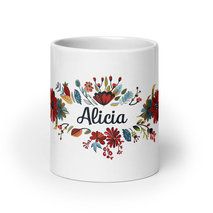 Alicia Exclusive Name Art Piece Home Office Work Coffee Mug Mexican Spanish Pride Gift Cup One - Of - A - Kind Calligraphy White Glossy Mug | A10 - Mexicada