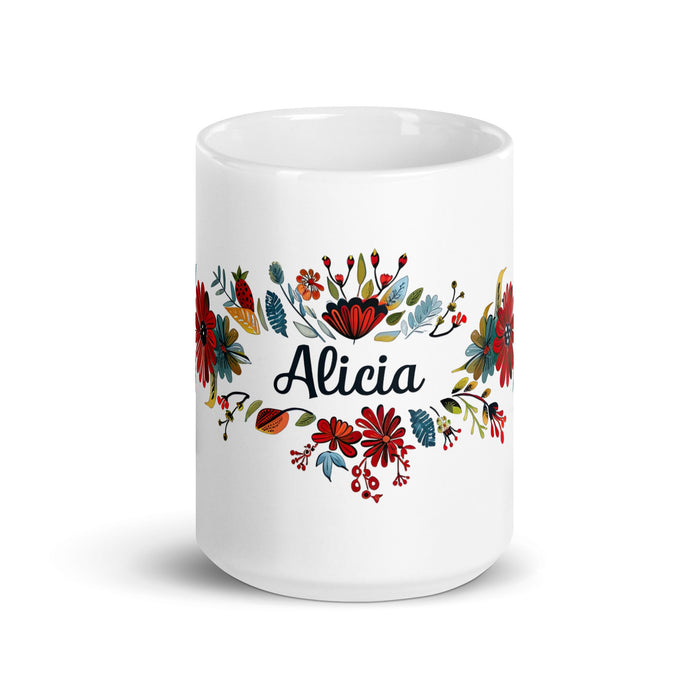 Alicia Exclusive Name Art Piece Home Office Work Coffee Mug Mexican Spanish Pride Gift Cup One - Of - A - Kind Calligraphy White Glossy Mug | A10 - Mexicada