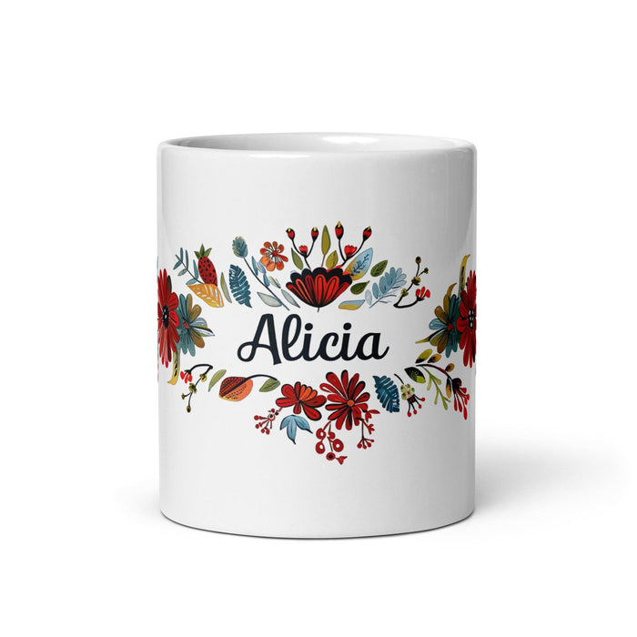 Alicia Exclusive Name Art Piece Home Office Work Coffee Mug Mexican Spanish Pride Gift Cup One-Of-A-Kind Calligraphy White Glossy Mug | A10 Mexicada