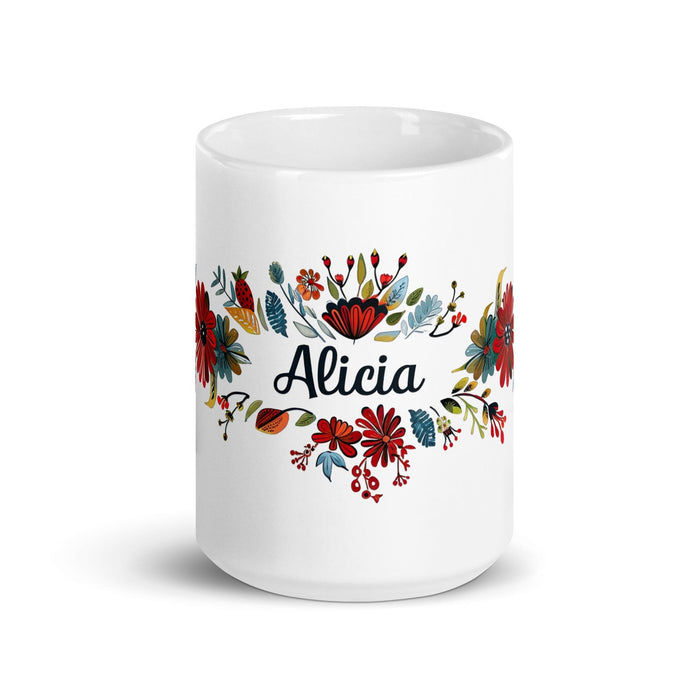 Alicia Exclusive Name Art Piece Home Office Work Coffee Mug Mexican Spanish Pride Gift Cup One-Of-A-Kind Calligraphy White Glossy Mug | A10 Mexicada