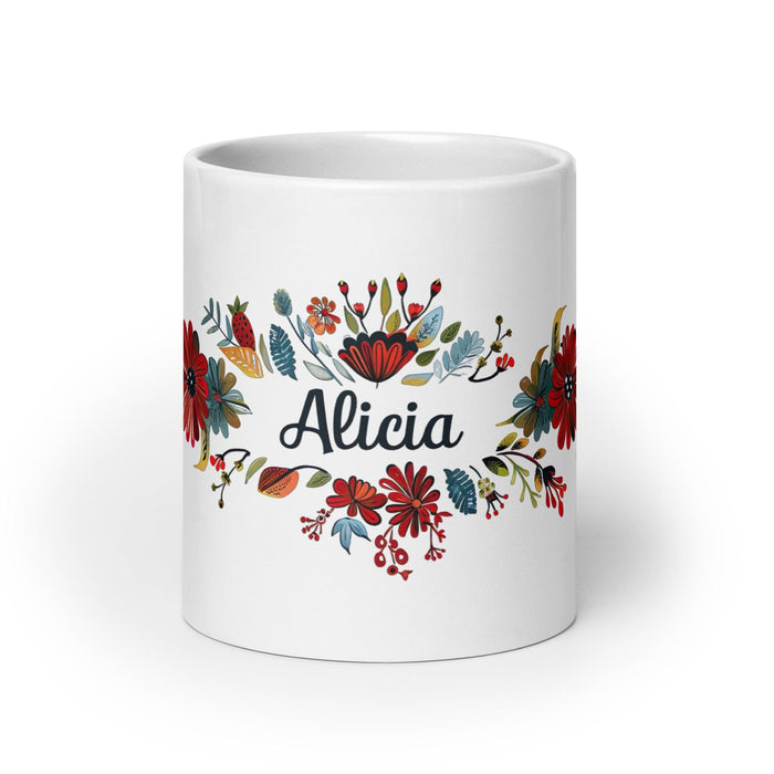 Alicia Exclusive Name Art Piece Home Office Work Coffee Mug Mexican Spanish Pride Gift Cup One-Of-A-Kind Calligraphy White Glossy Mug | A10 Mexicada