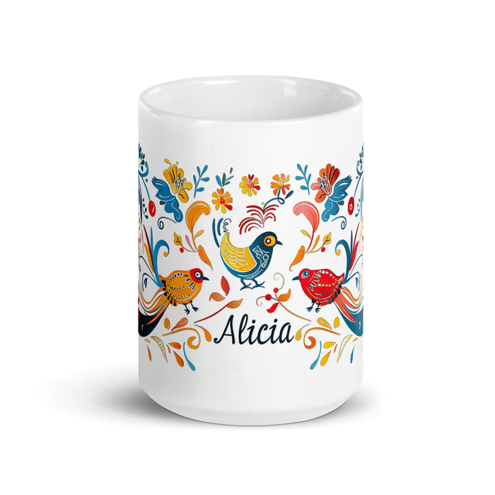 Alicia Exclusive Name Art Piece Home Office Work Coffee Mug Mexican Spanish Pride Gift Cup One-Of-A-Kind Calligraphy White Glossy Mug | A11 Mexicada