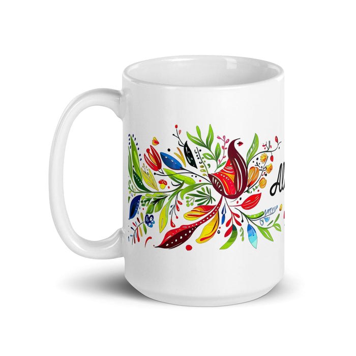 Alicia Exclusive Name Art Piece Home Office Work Coffee Mug Mexican Spanish Pride Gift Cup One-Of-A-Kind Calligraphy White Glossy Mug | A14 Mexicada