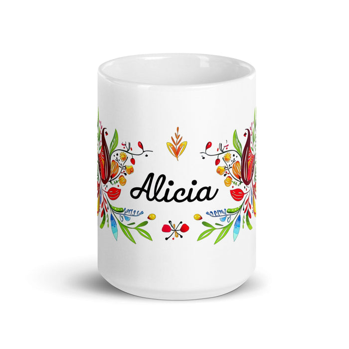 Alicia Exclusive Name Art Piece Home Office Work Coffee Mug Mexican Spanish Pride Gift Cup One-Of-A-Kind Calligraphy White Glossy Mug | A14 Mexicada