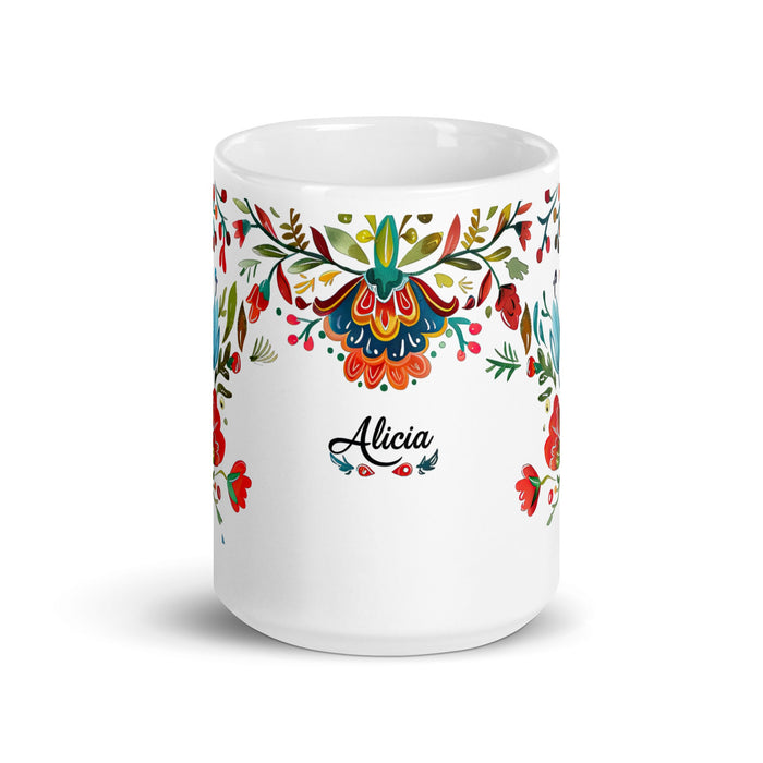 Alicia Exclusive Name Art Piece Home Office Work Coffee Mug Mexican Spanish Pride Gift Cup One - Of - A - Kind Calligraphy White Glossy Mug | A15 - Mexicada