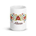 Alicia Exclusive Name Art Piece Home Office Work Coffee Mug Mexican Spanish Pride Gift Cup One-Of-A-Kind Calligraphy White Glossy Mug | A16 Mexicada