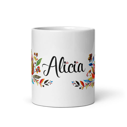 Alicia Exclusive Name Art Piece Home Office Work Coffee Mug Mexican Spanish Pride Gift Cup One-Of-A-Kind Calligraphy White Glossy Mug | A17 Mexicada