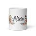 Alicia Exclusive Name Art Piece Home Office Work Coffee Mug Mexican Spanish Pride Gift Cup One-Of-A-Kind Calligraphy White Glossy Mug | A17 Mexicada