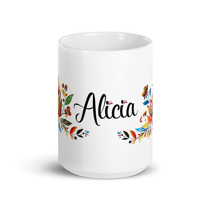 Alicia Exclusive Name Art Piece Home Office Work Coffee Mug Mexican Spanish Pride Gift Cup One-Of-A-Kind Calligraphy White Glossy Mug | A17 Mexicada