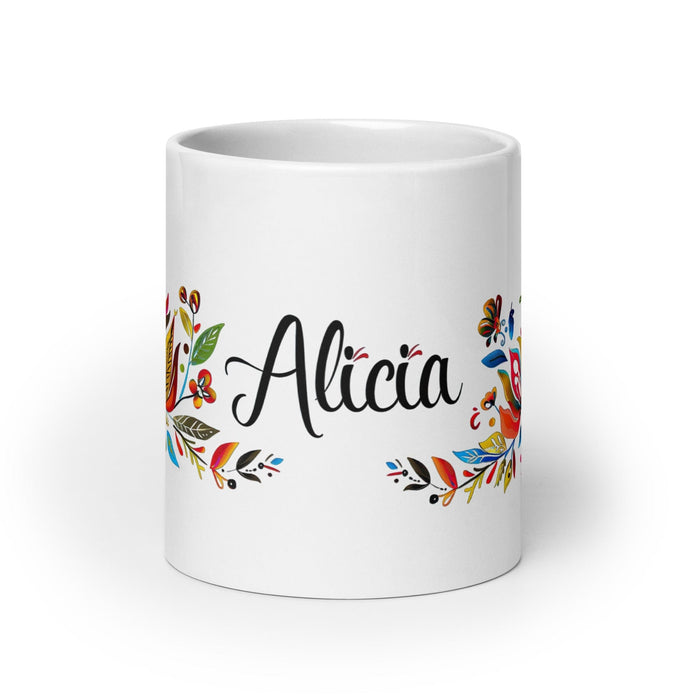 Alicia Exclusive Name Art Piece Home Office Work Coffee Mug Mexican Spanish Pride Gift Cup One-Of-A-Kind Calligraphy White Glossy Mug | A17 Mexicada