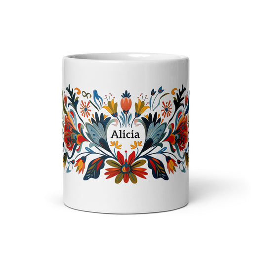 Alicia Exclusive Name Art Piece Home Office Work Coffee Mug Mexican Spanish Pride Gift Cup One - Of - A - Kind Calligraphy White Glossy Mug | A18 - Mexicada