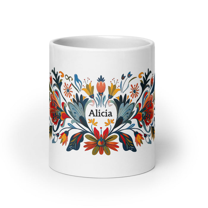 Alicia Exclusive Name Art Piece Home Office Work Coffee Mug Mexican Spanish Pride Gift Cup One - Of - A - Kind Calligraphy White Glossy Mug | A18 - Mexicada