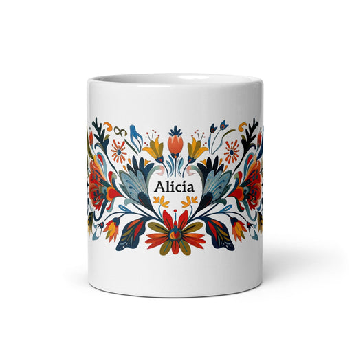 Alicia Exclusive Name Art Piece Home Office Work Coffee Mug Mexican Spanish Pride Gift Cup One-Of-A-Kind Calligraphy White Glossy Mug | A18 Mexicada