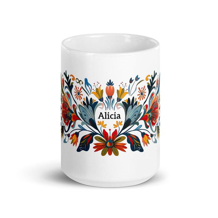 Alicia Exclusive Name Art Piece Home Office Work Coffee Mug Mexican Spanish Pride Gift Cup One-Of-A-Kind Calligraphy White Glossy Mug | A18 Mexicada