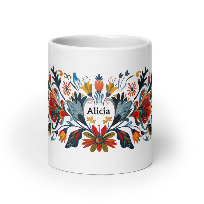 Alicia Exclusive Name Art Piece Home Office Work Coffee Mug Mexican Spanish Pride Gift Cup One-Of-A-Kind Calligraphy White Glossy Mug | A18 Mexicada