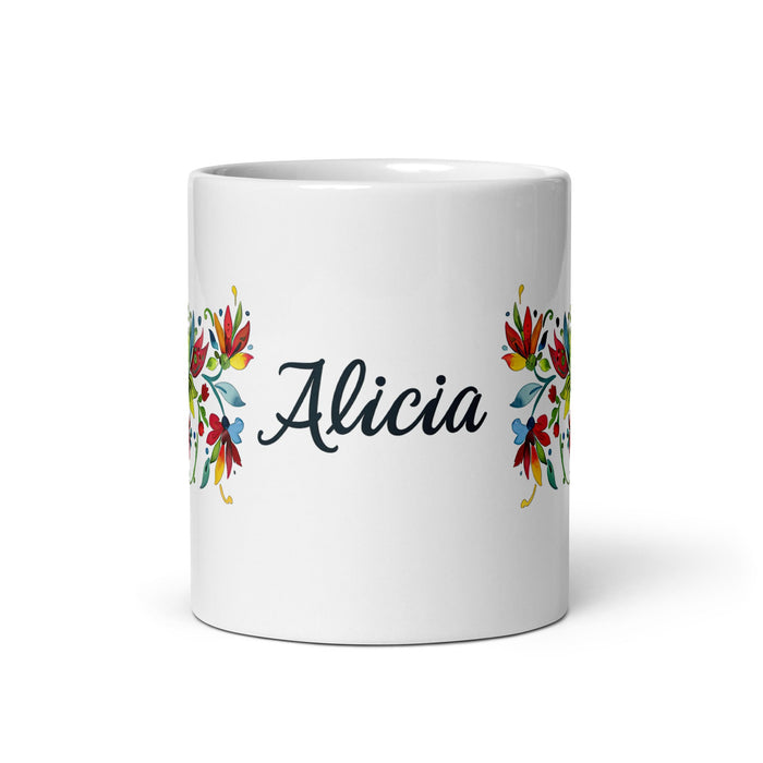 Alicia Exclusive Name Art Piece Home Office Work Coffee Mug Mexican Spanish Pride Gift Cup One - Of - A - Kind Calligraphy White Glossy Mug | A19 - Mexicada