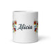 Alicia Exclusive Name Art Piece Home Office Work Coffee Mug Mexican Spanish Pride Gift Cup One - Of - A - Kind Calligraphy White Glossy Mug | A19 - Mexicada