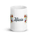 Alicia Exclusive Name Art Piece Home Office Work Coffee Mug Mexican Spanish Pride Gift Cup One - Of - A - Kind Calligraphy White Glossy Mug | A19 - Mexicada