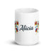 Alicia Exclusive Name Art Piece Home Office Work Coffee Mug Mexican Spanish Pride Gift Cup One-Of-A-Kind Calligraphy White Glossy Mug | A19 Mexicada