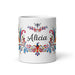 Alicia Exclusive Name Art Piece Home Office Work Coffee Mug Mexican Spanish Pride Gift Cup One-Of-A-Kind Calligraphy White Glossy Mug | A2 Mexicada