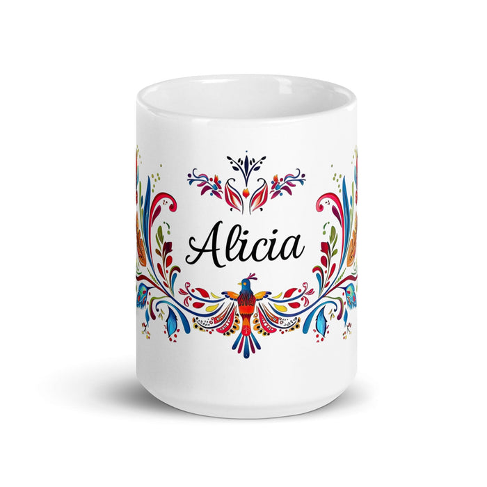 Alicia Exclusive Name Art Piece Home Office Work Coffee Mug Mexican Spanish Pride Gift Cup One-Of-A-Kind Calligraphy White Glossy Mug | A2 Mexicada