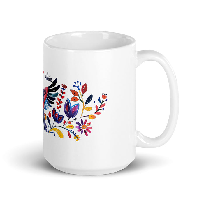 Alicia Exclusive Name Art Piece Home Office Work Coffee Mug Mexican Spanish Pride Gift Cup One - Of - A - Kind Calligraphy White Glossy Mug | A20 - Mexicada