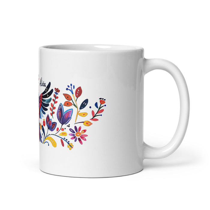 Alicia Exclusive Name Art Piece Home Office Work Coffee Mug Mexican Spanish Pride Gift Cup One - Of - A - Kind Calligraphy White Glossy Mug | A20 - Mexicada