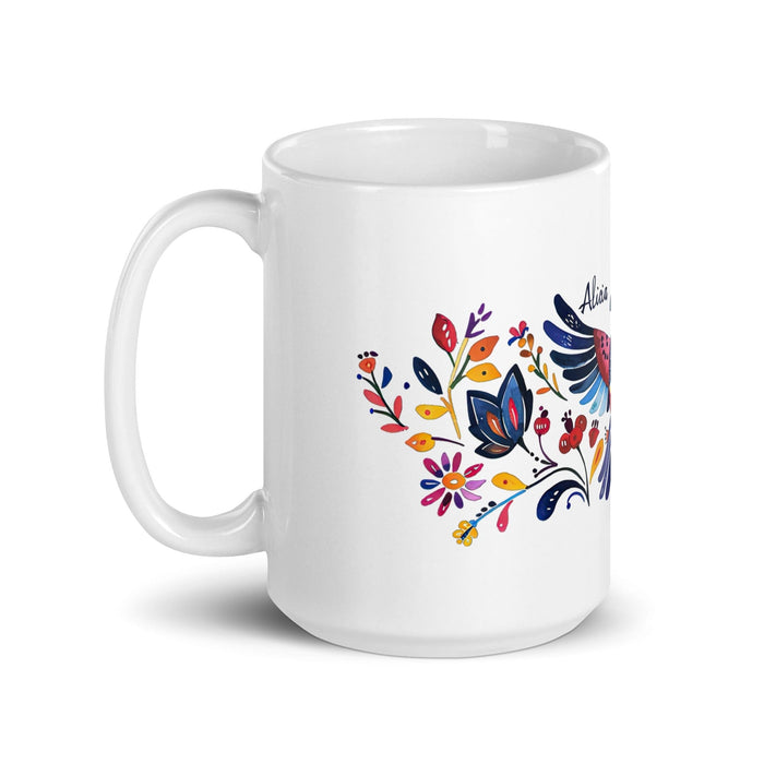 Alicia Exclusive Name Art Piece Home Office Work Coffee Mug Mexican Spanish Pride Gift Cup One-Of-A-Kind Calligraphy White Glossy Mug | A20 Mexicada