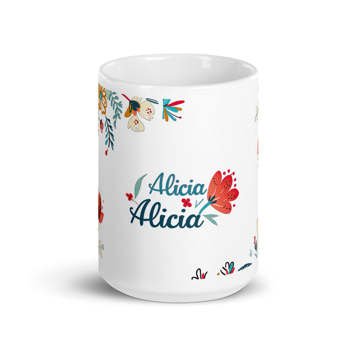 Alicia Exclusive Name Art Piece Home Office Work Coffee Mug Mexican Spanish Pride Gift Cup One - Of - A - Kind Calligraphy White Glossy Mug | A21 - Mexicada