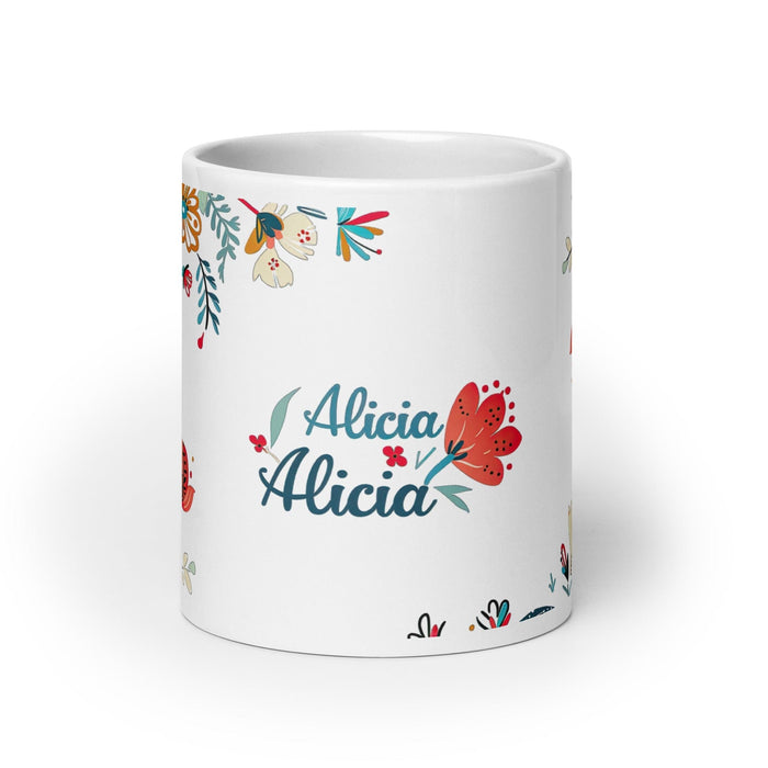 Alicia Exclusive Name Art Piece Home Office Work Coffee Mug Mexican Spanish Pride Gift Cup One-Of-A-Kind Calligraphy White Glossy Mug | A21 Mexicada