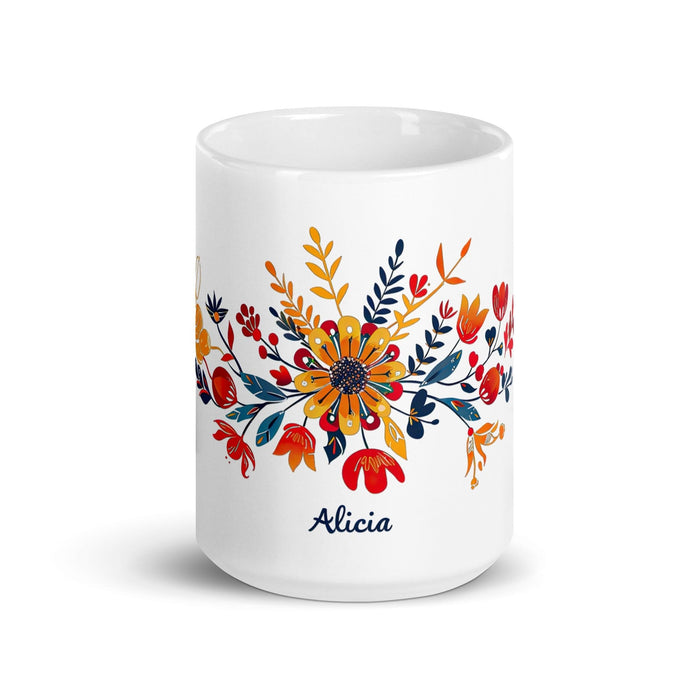 Alicia Exclusive Name Art Piece Home Office Work Coffee Mug Mexican Spanish Pride Gift Cup One-Of-A-Kind Calligraphy White Glossy Mug | A23 Mexicada