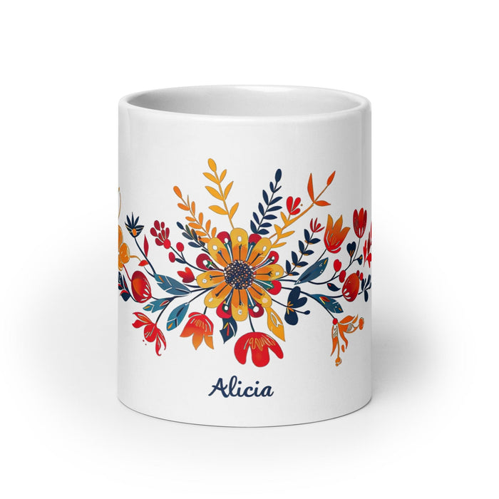 Alicia Exclusive Name Art Piece Home Office Work Coffee Mug Mexican Spanish Pride Gift Cup One-Of-A-Kind Calligraphy White Glossy Mug | A23 Mexicada